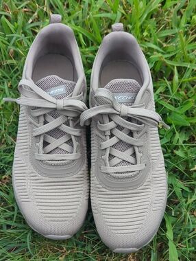 Skechers Knit Lace-Up Sneakers in Taupe Gray